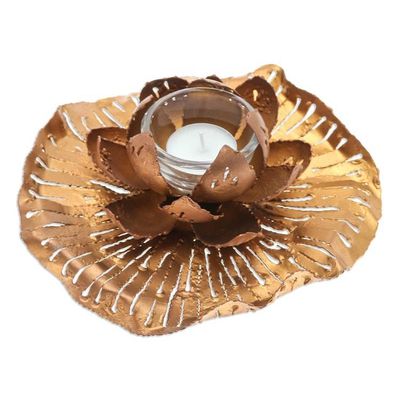 Alternate image for Golden-Toned Lotus-Themed Iron Tealight Candleholder Heavens Lotus
