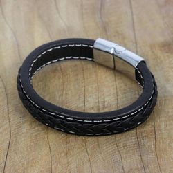 Image for Black Braided Leather Wristband Bracelet from Thailand Worldly Spirit in Black