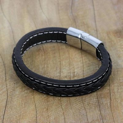 Primary image for Black Braided Leather Wristband Bracelet from Thailand Worldly Spirit in Black