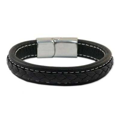 Alternate image for Black Braided Leather Wristband Bracelet from Thailand Worldly Spirit in Black