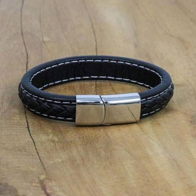 Alternate image for Black Braided Leather Wristband Bracelet from Thailand Worldly Spirit in Black