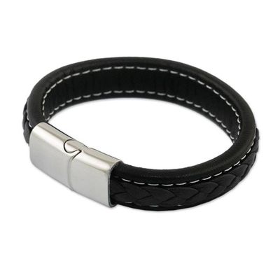 Alternate image for Black Braided Leather Wristband Bracelet from Thailand Worldly Spirit in Black