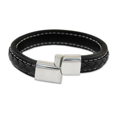 Alternate image for Black Braided Leather Wristband Bracelet from Thailand Worldly Spirit in Black
