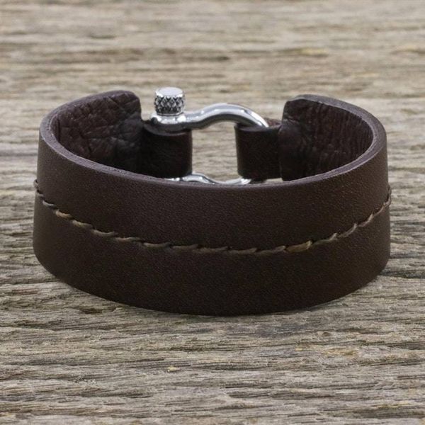 Alternate image for Rugged Womens Brown Leather Bracelet with Shackle Clasp Rugged Femme