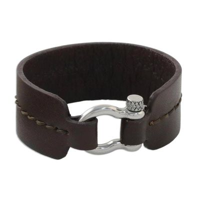 Alternate image for Rugged Womens Brown Leather Bracelet with Shackle Clasp Rugged Femme