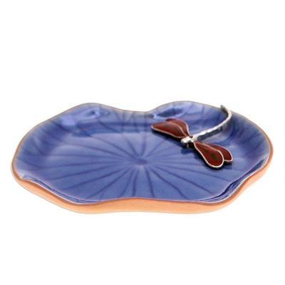Alternate image for Blue Celadon Ceramic Catchall with Red Dragonfly Accent Delightful Dragonfly