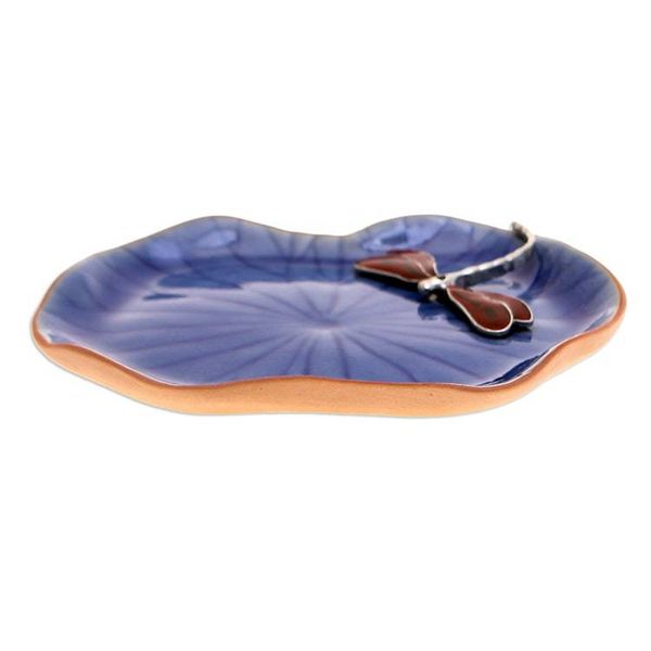 Alternate image for Blue Celadon Ceramic Catchall with Red Dragonfly Accent Delightful Dragonfly