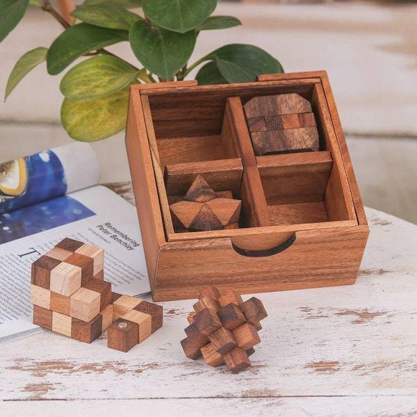 Alternate image for Set of 5 Wooden Brain Teaser Puzzles with Storage Box Challenge Your Mind
