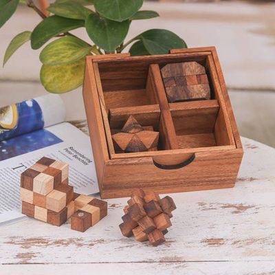 Alternate image for Set of 5 Wooden Brain Teaser Puzzles with Storage Box Challenge Your Mind