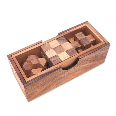 Alternate image for Set of 3 Raintree and Rubberwood Puzzles with Storage Box Game Time