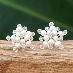Image for Hand Made Pearl Button Earrings from Thailand White Stars