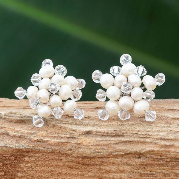 Alternate image for Hand Made Pearl Button Earrings from Thailand White Stars