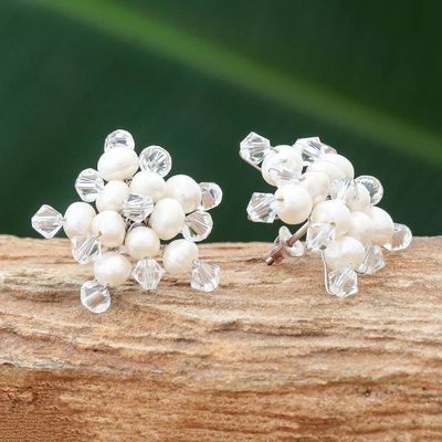 Alternate image for Hand Made Pearl Button Earrings from Thailand White Stars