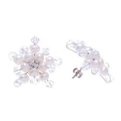 Alternate image for Hand Made Pearl Button Earrings from Thailand White Stars