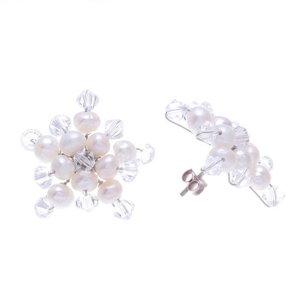 Alternate image for Hand Made Pearl Button Earrings from Thailand White Stars