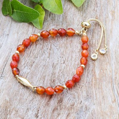 Alternate image for Natural Carnelian Beaded Bracelet with Brass Fish Pendant Fiery Fish