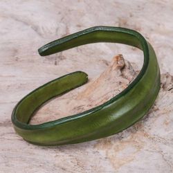 Image for Handmade Leather Wristband Bracelet in Olive from Thailand Wavy Embrace in Olive