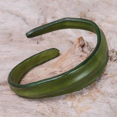 Primary image for Handmade Leather Wristband Bracelet in Olive from Thailand Wavy Embrace in Olive