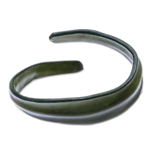 Alternate image for Handmade Leather Wristband Bracelet in Olive from Thailand Wavy Embrace in Olive