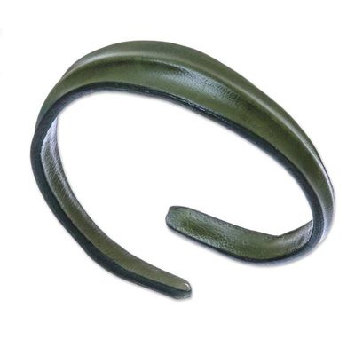 Alternate image for Handmade Leather Wristband Bracelet in Olive from Thailand Wavy Embrace in Olive