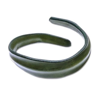 Alternate image for Handmade Leather Wristband Bracelet in Olive from Thailand Wavy Embrace in Olive