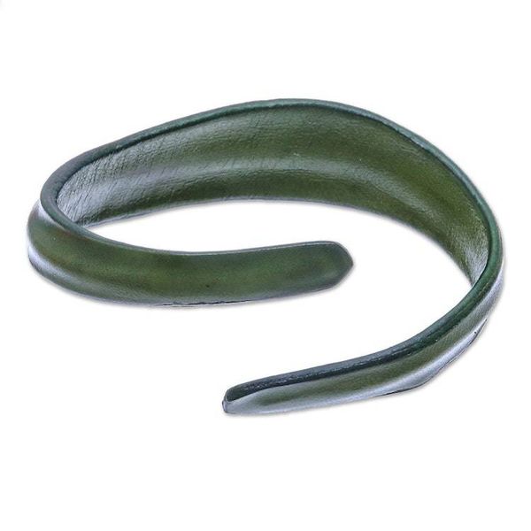 Alternate image for Handmade Leather Wristband Bracelet in Olive from Thailand Wavy Embrace in Olive