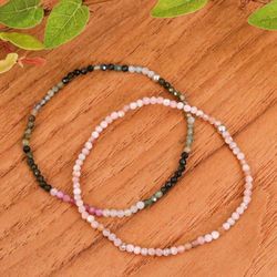 Image for Pair of Rhodochrosite Tourmaline Beaded Stretch Bracelets Double Spell