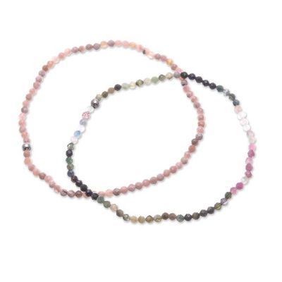 Alternate image for Pair of Rhodochrosite Tourmaline Beaded Stretch Bracelets Double Spell