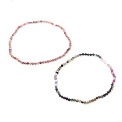 Alternate image for Pair of Rhodochrosite Tourmaline Beaded Stretch Bracelets Double Spell