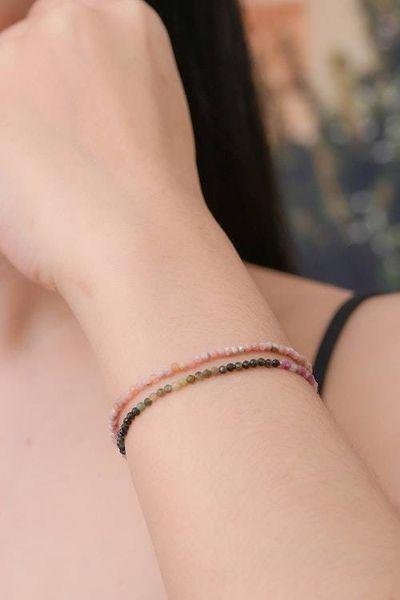 Alternate image for Pair of Rhodochrosite Tourmaline Beaded Stretch Bracelets Double Spell