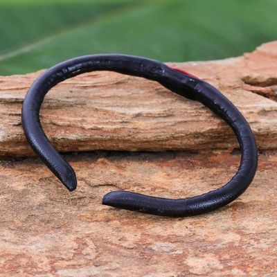 Alternate image for Black and Red Leather Cuff Bracelet from Thailand Black-Red Eye