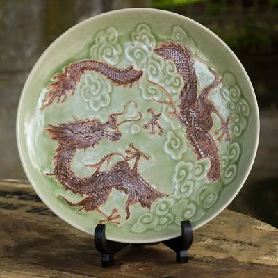 Alternate image for Celadon Ceramic Decorative Plate Dragon Journeys