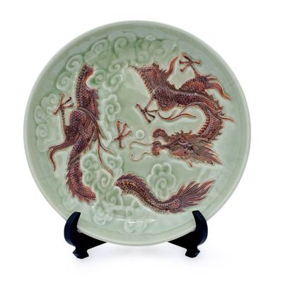 Alternate image for Celadon Ceramic Decorative Plate Dragon Journeys