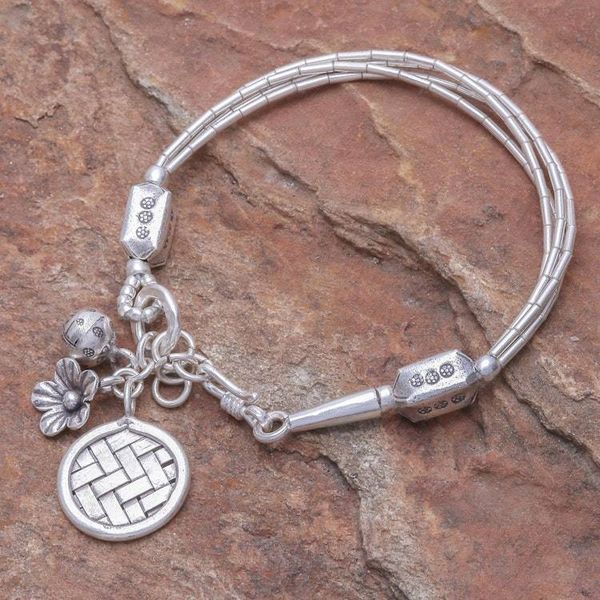 Alternate image for Thai Karen Hill Tribe Silver Beaded Floral Charm Bracelet Floral Weave