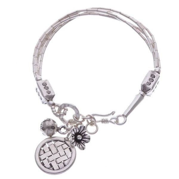 Alternate image for Thai Karen Hill Tribe Silver Beaded Floral Charm Bracelet Floral Weave
