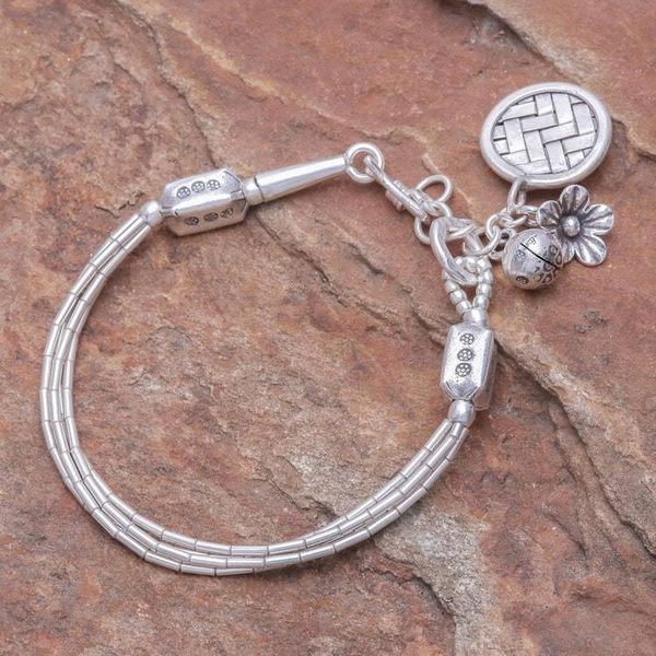 Alternate image for Thai Karen Hill Tribe Silver Beaded Floral Charm Bracelet Floral Weave