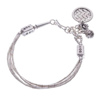 Alternate image for Thai Karen Hill Tribe Silver Beaded Floral Charm Bracelet Floral Weave