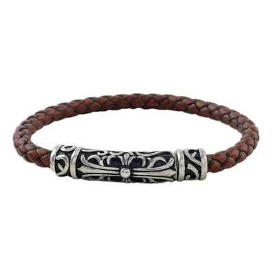 Alternate image for Leather Cross Pendant Bracelet in Brown from Thailand Ancient Cross in Brown