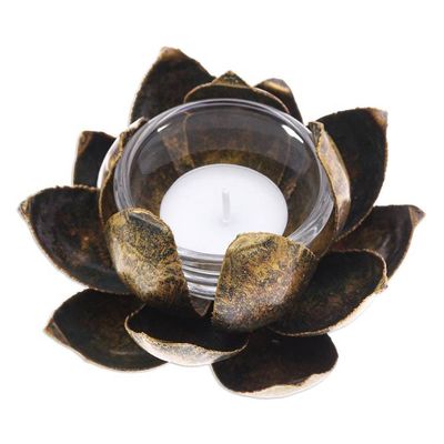 Alternate image for Handmade Antique Finished Steel Lotus Flower Tealight Holder Precious Lotus in Gold