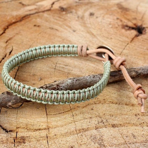 Alternate image for Silver Button and Pale Green Macrame on Leather Bracelet Hemlock Suns