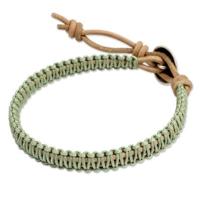 Alternate image for Silver Button and Pale Green Macrame on Leather Bracelet Hemlock Suns