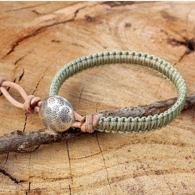 Alternate image for Silver Button and Pale Green Macrame on Leather Bracelet Hemlock Suns