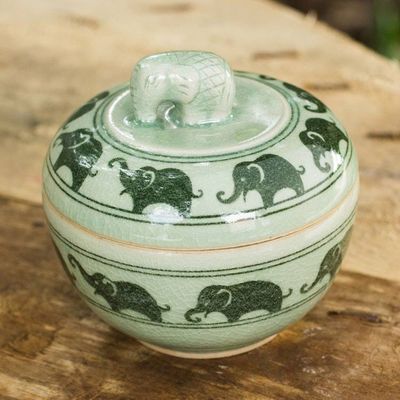 Primary image for Green Celadon Ceramic Jewelry Box with Elephant Motif Elephants on Parade