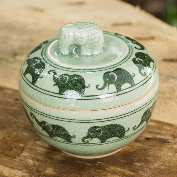 Alternate image for Green Celadon Ceramic Jewelry Box with Elephant Motif Elephants on Parade