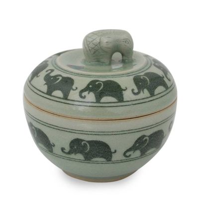 Alternate image for Green Celadon Ceramic Jewelry Box with Elephant Motif Elephants on Parade