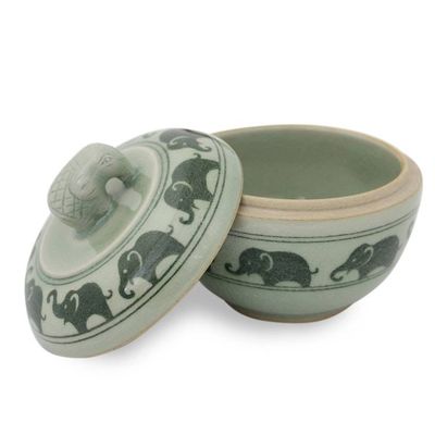 Alternate image for Green Celadon Ceramic Jewelry Box with Elephant Motif Elephants on Parade