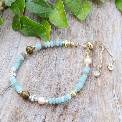 Primary image for Cool-Palette Adjustable Multi-Gemstone Beaded Pearl Bracelet Aqua Pearl