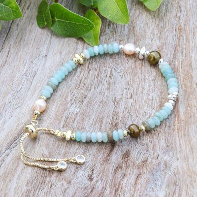 Alternate image for Cool-Palette Adjustable Multi-Gemstone Beaded Pearl Bracelet Aqua Pearl