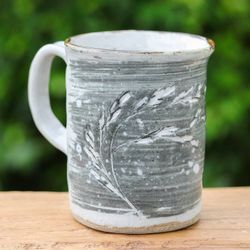 Image for Winter Leaf-Themed Blue Ceramic Mug with Antique Finish Windy Twilight