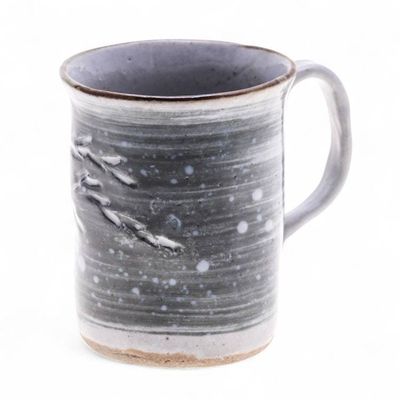 Alternate image for Winter Leaf-Themed Blue Ceramic Mug with Antique Finish Windy Twilight